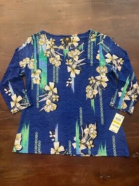 JM Collection Blue Floral Long Sleeve Top - Size Petite Medium